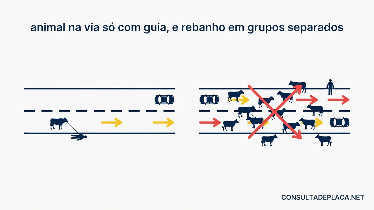 Artigo 53 do CTB: animal na via só com guia, e rebanho em grupos separados