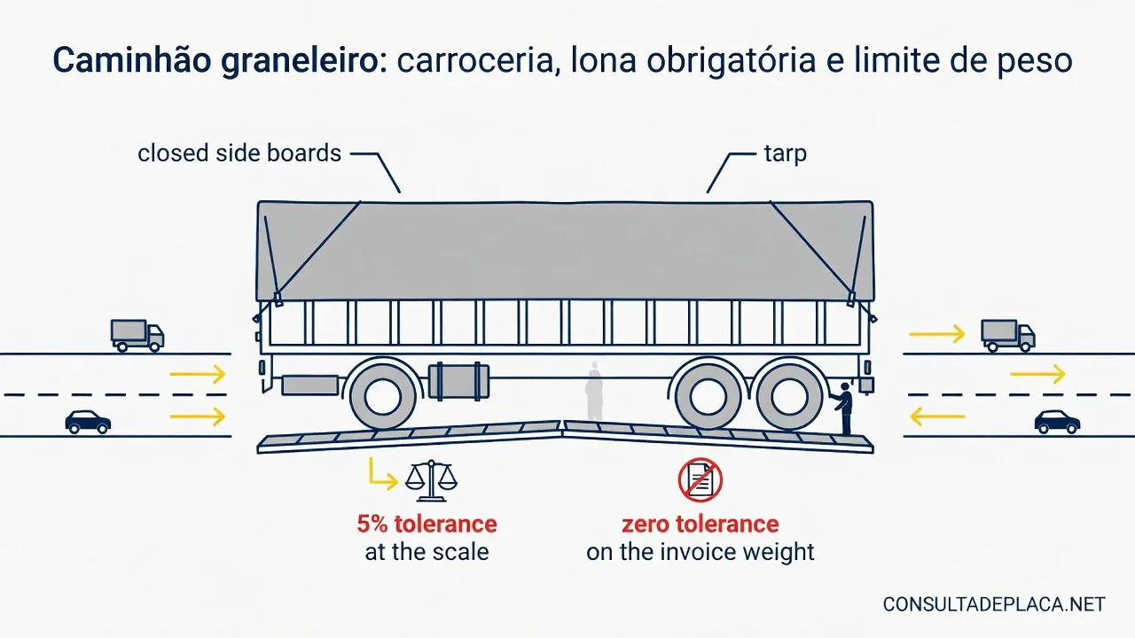 Caminhão graneleiro: carroceria, lona obrigatória e limite de peso