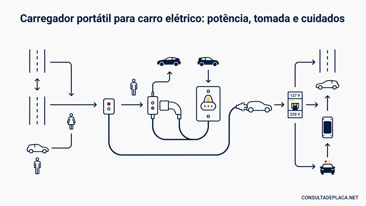 Carregador portátil para carro elétrico: potência, tomada e cuidados