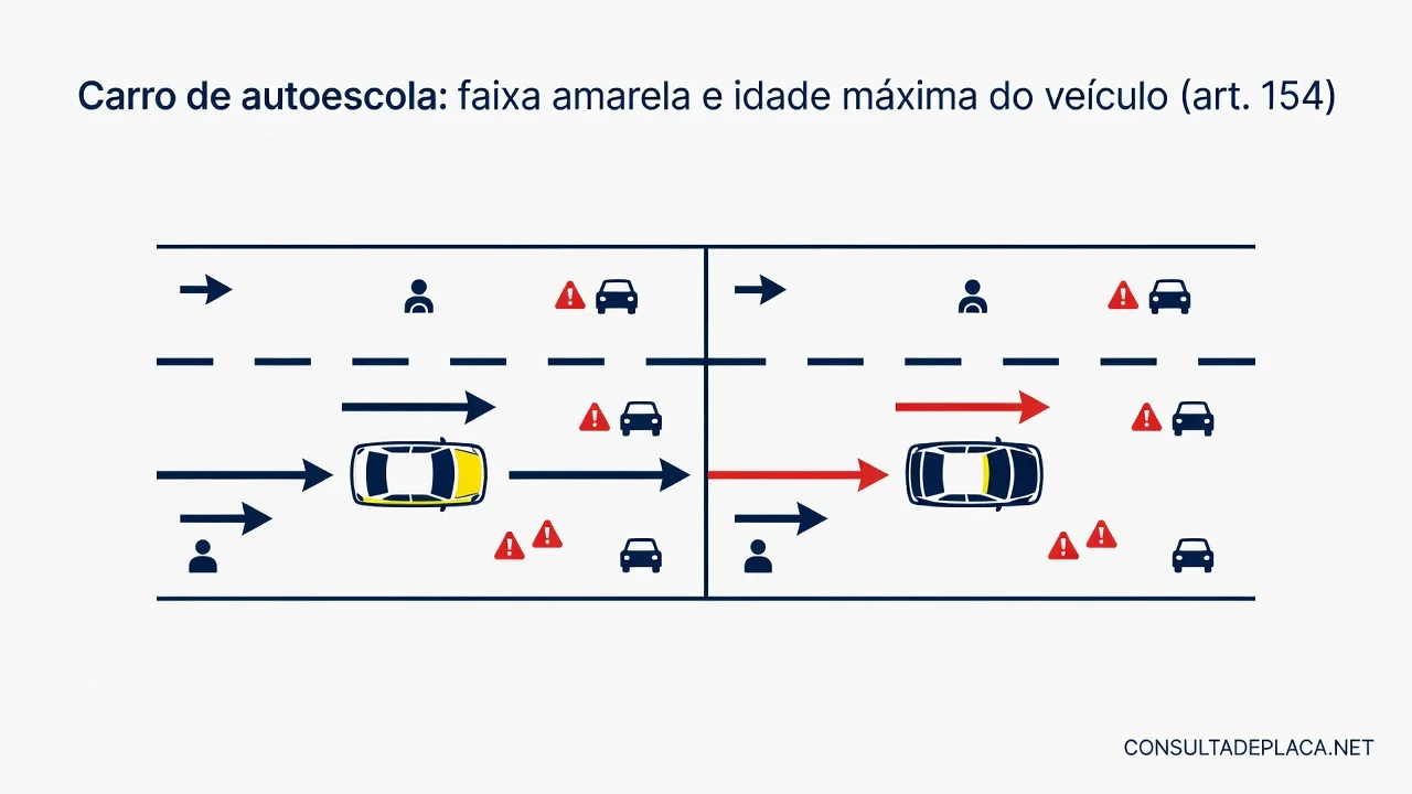 Carro de autoescola: faixa amarela e idade máxima do veículo (art. 154 do CTB)