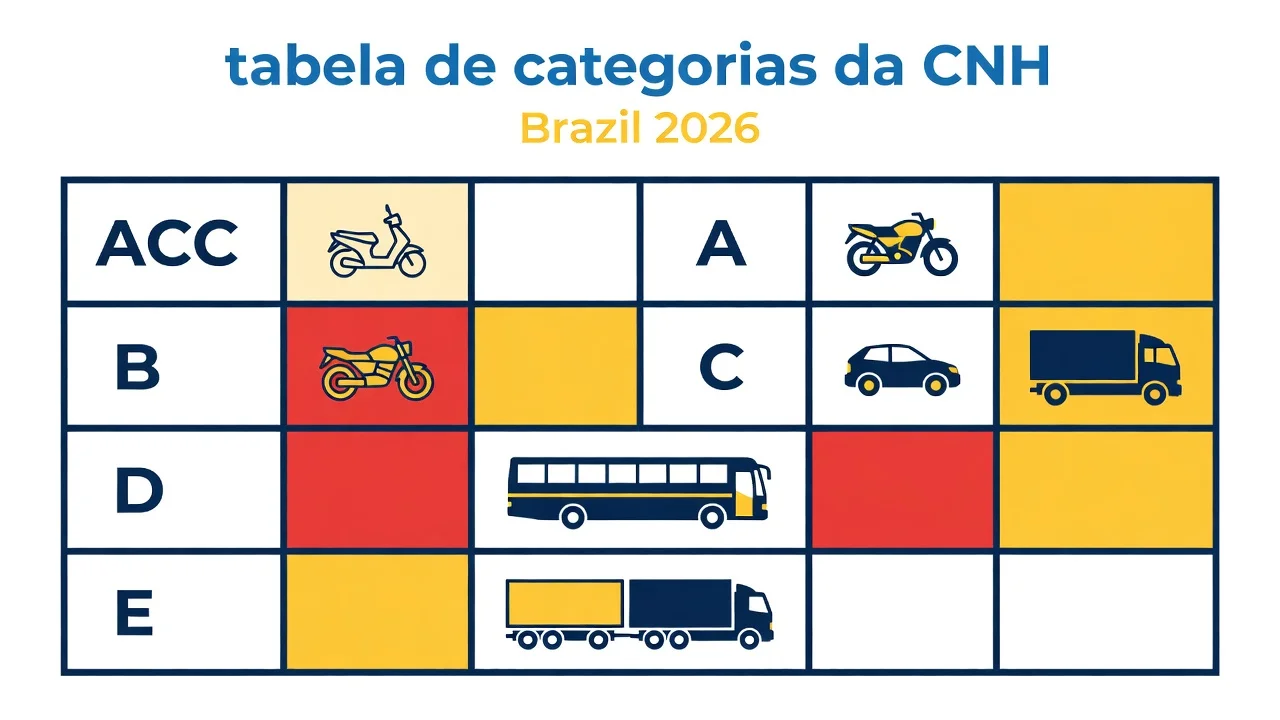 Categorias da CNH 2026: tabela A, B, C, D, E e ACC