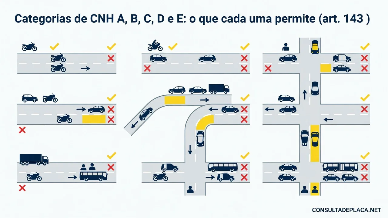 Categorias de CNH A, B, C, D e E: o que cada uma permite (art. 143 do CTB)