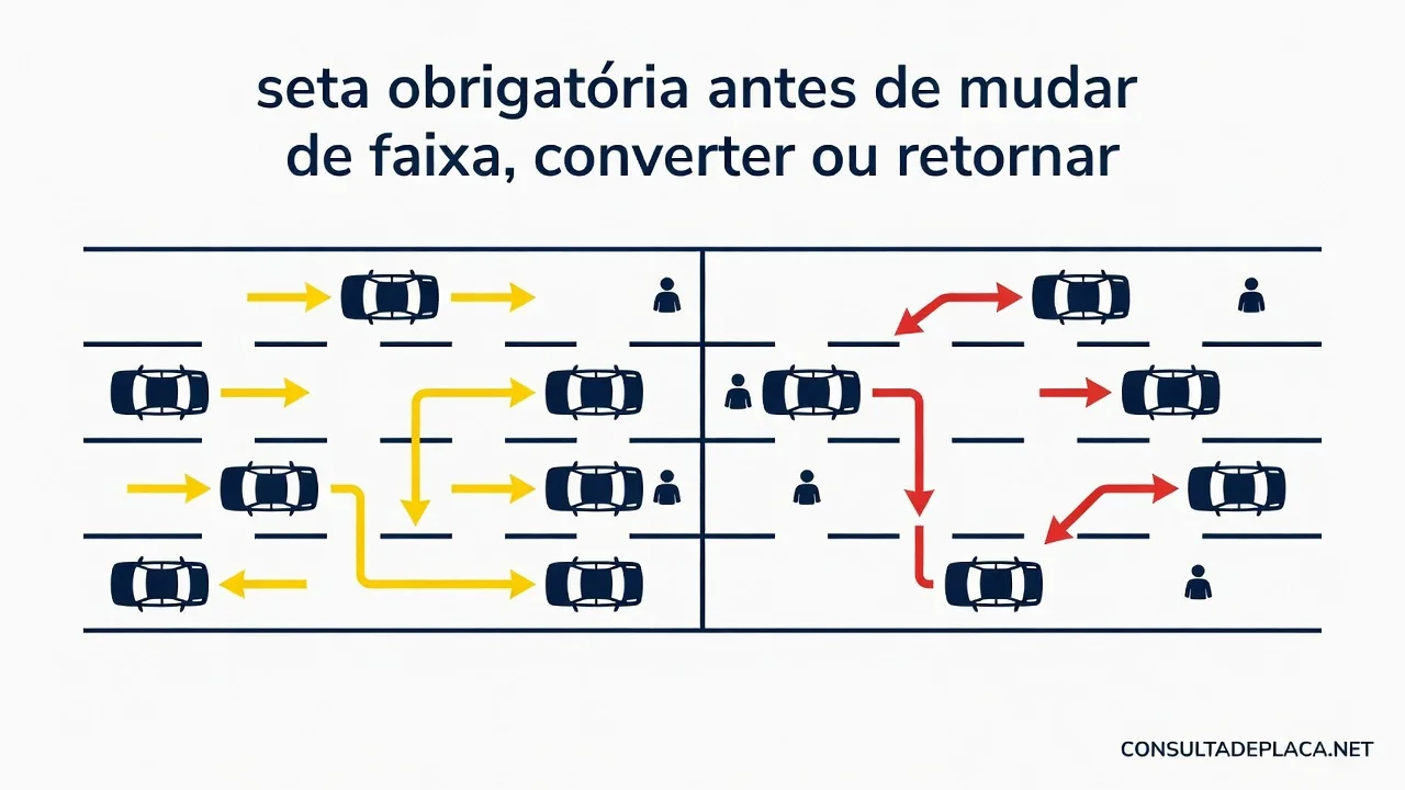 Artigo 35 do CTB: seta obrigatória antes de mudar de faixa, converter ou retornar
