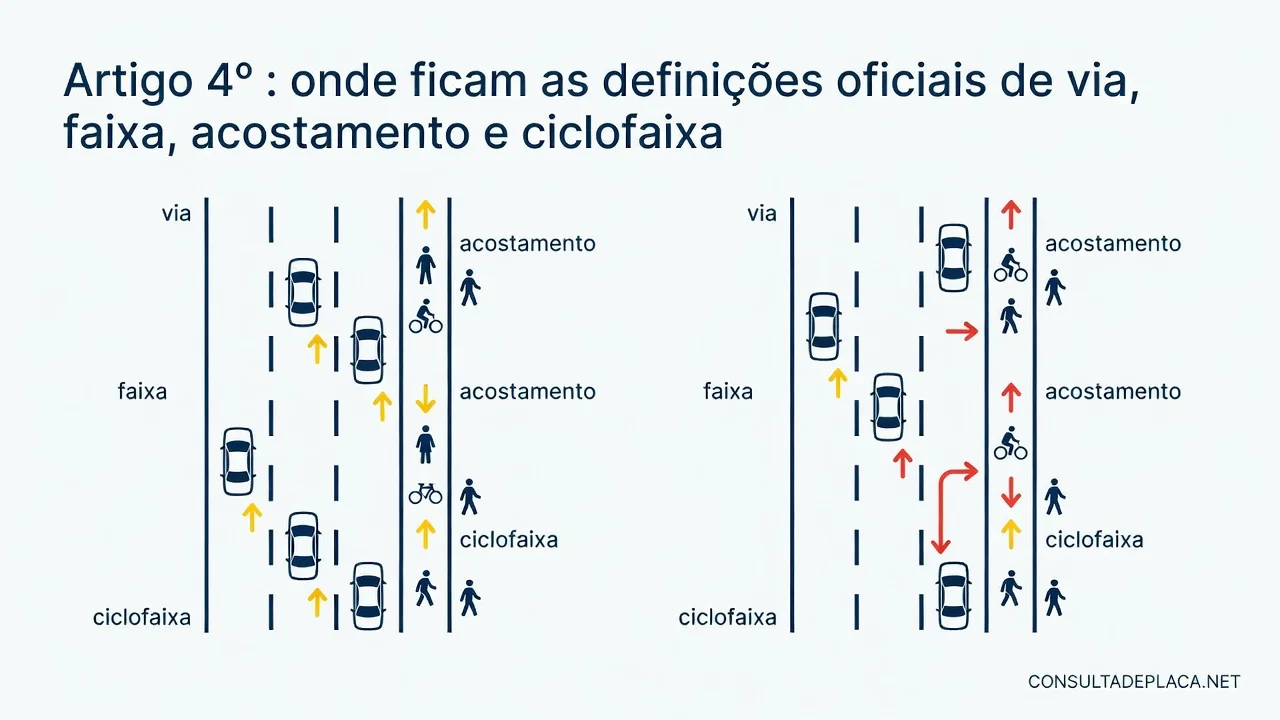 Artigo 4º do CTB: onde ficam as definições oficiais de via, faixa, acostamento e ciclofaixa