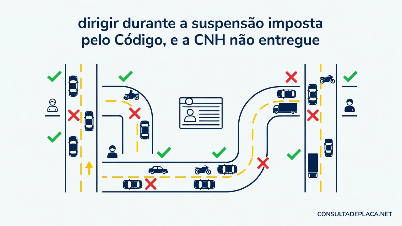 Artigo 307 do CTB: dirigir durante a suspensão imposta pelo Código, e a CNH não entregue