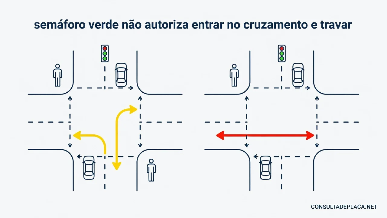 Artigo 45 do CTB: semáforo verde não autoriza entrar no cruzamento e travar