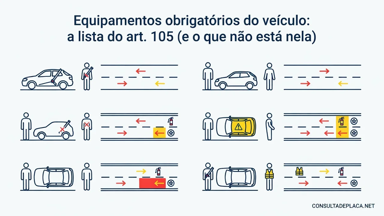 Equipamentos obrigatórios do veículo: a lista do art. 105 do CTB (e o que não está nela)