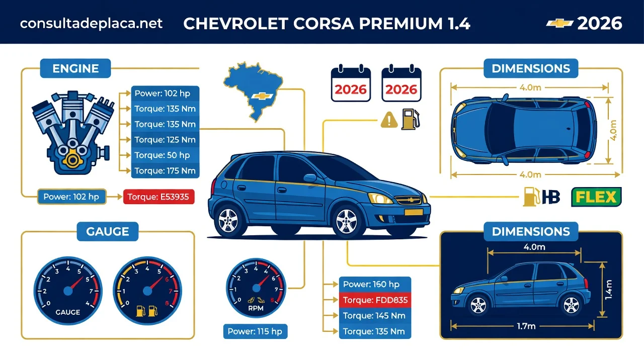 Ficha Técnica Corsa Premium 1.4 2026: Motor, Consumo e Medidas