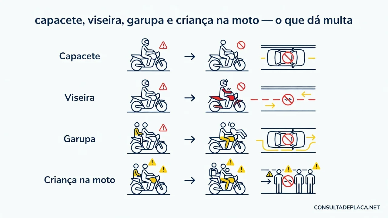 Artigo 244 do CTB: capacete, viseira, garupa e criança na moto — o que dá multa