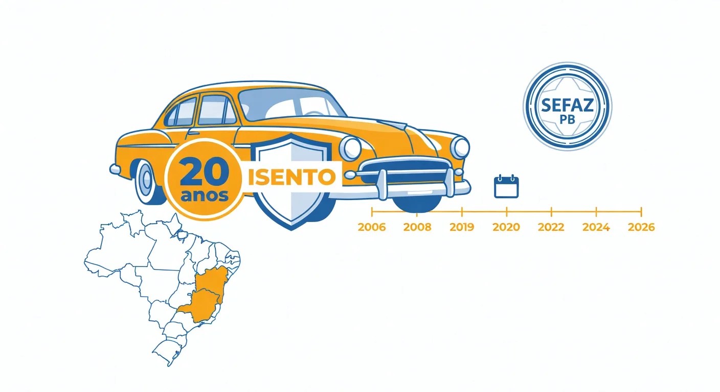 Isenção IPVA veículo antigo Paraíba 2026: 20 anos e fabricados até 2006