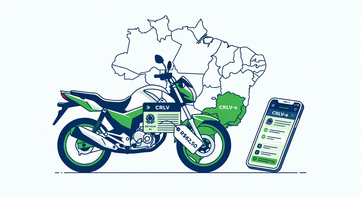 Licenciamento moto Alagoas 2026: taxa R$62,50, documentos e CRLV digital