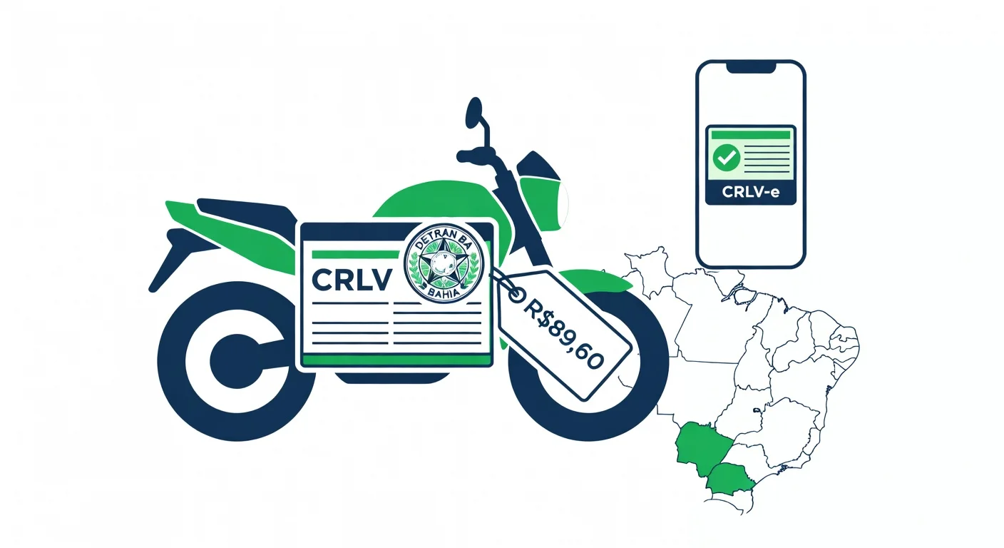 Licenciamento moto Bahia 2026: taxa R$89,60, documentos e CRLV digital