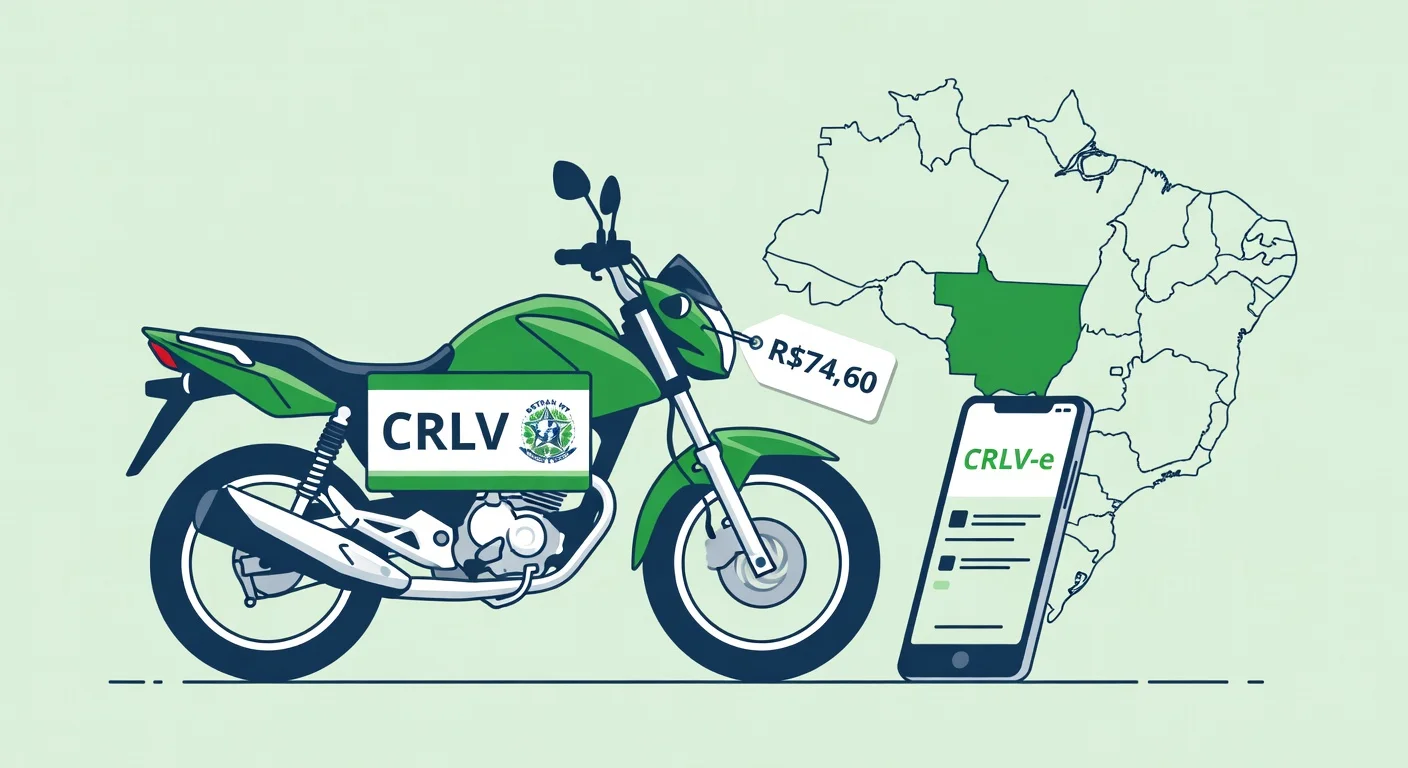 Licenciamento moto Mato Grosso 2026: taxa R$74,60, documentos e CRLV digital