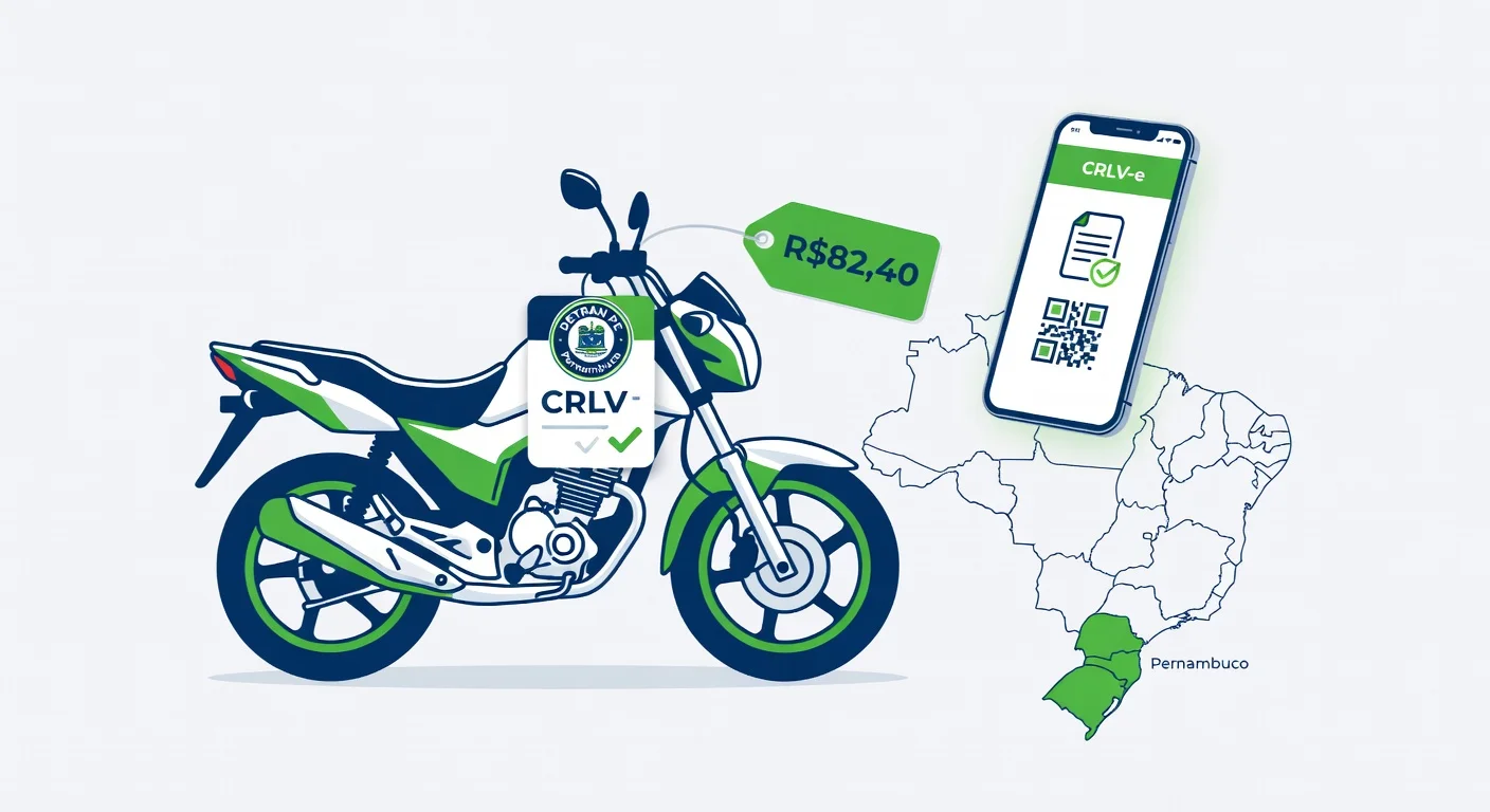 Licenciamento moto Pernambuco 2026: taxa R$82,40, documentos e CRLV digital