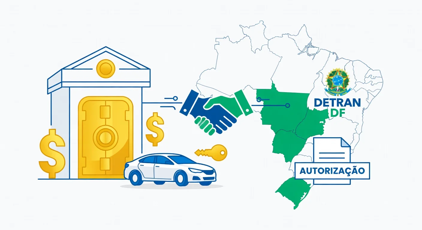Licenciamento veículo financiado Distrito Federal 2026: como pagar sem o banco travar