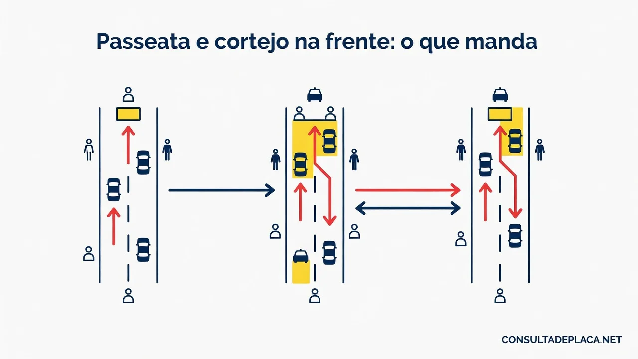 Passeata e cortejo na frente: o que manda o artigo 213 do CTB