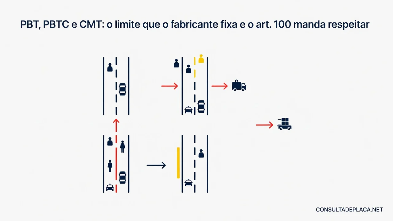 PBT, PBTC e CMT: o limite que o fabricante fixa e o art. 100 do CTB manda respeitar