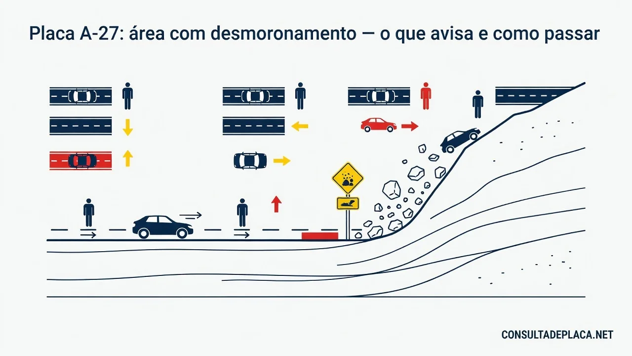 Placa A-27: área com desmoronamento — o que avisa e como passar