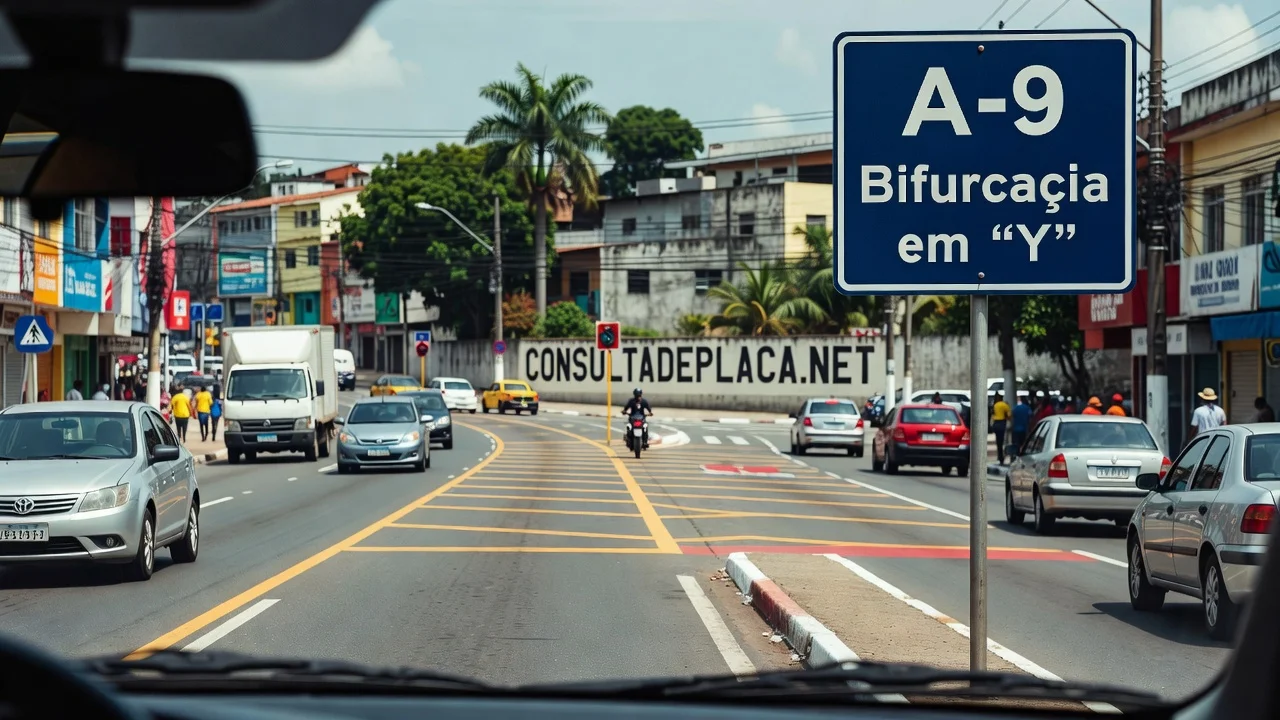 Placa A-9: bifurcação em Y — a via se divide e você precisa escolher antes, não em cima