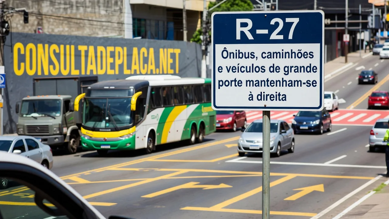 Placa R-27: onibus e caminhao a direita, e o art. 185 que pune quem nao conserva a faixa