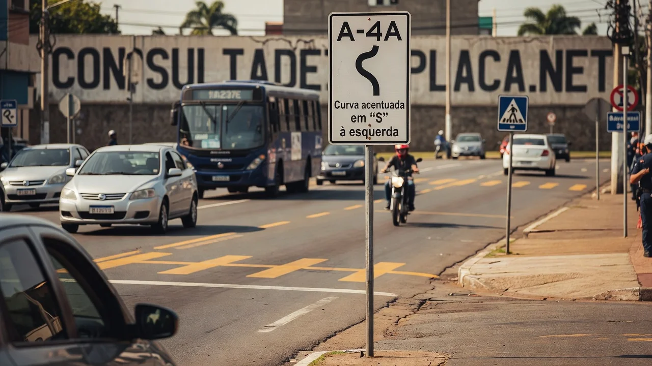 Placa A-4A: curva acentuada em S à esquerda — duas curvas opostas coladas uma na outra