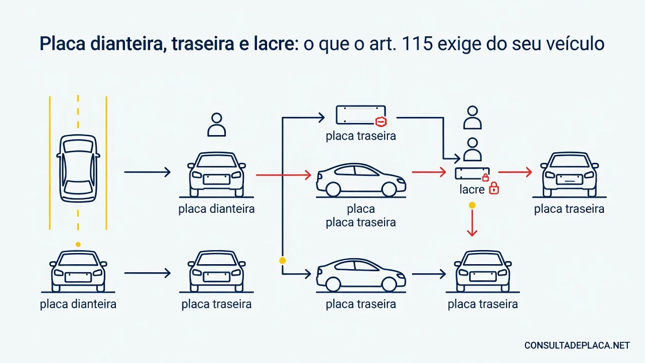 Placa dianteira, traseira e lacre: o que o art. 115 do CTB exige do seu veículo