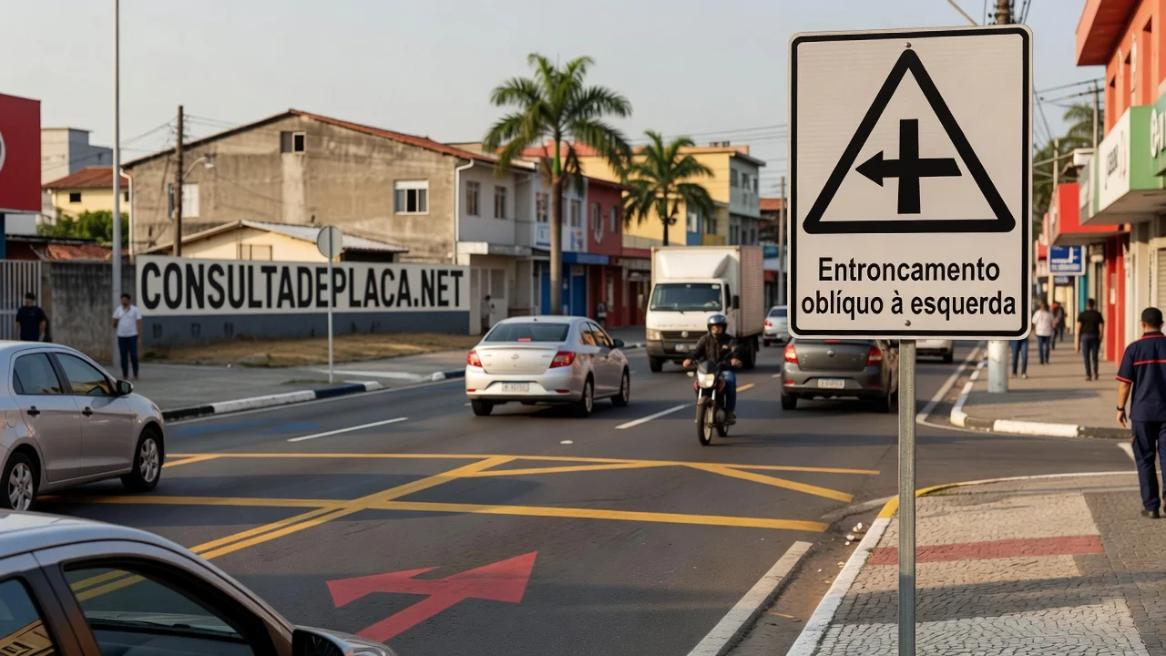 Placa A-10A: entroncamento oblíquo à esquerda — o ângulo fechado que esconde o veículo