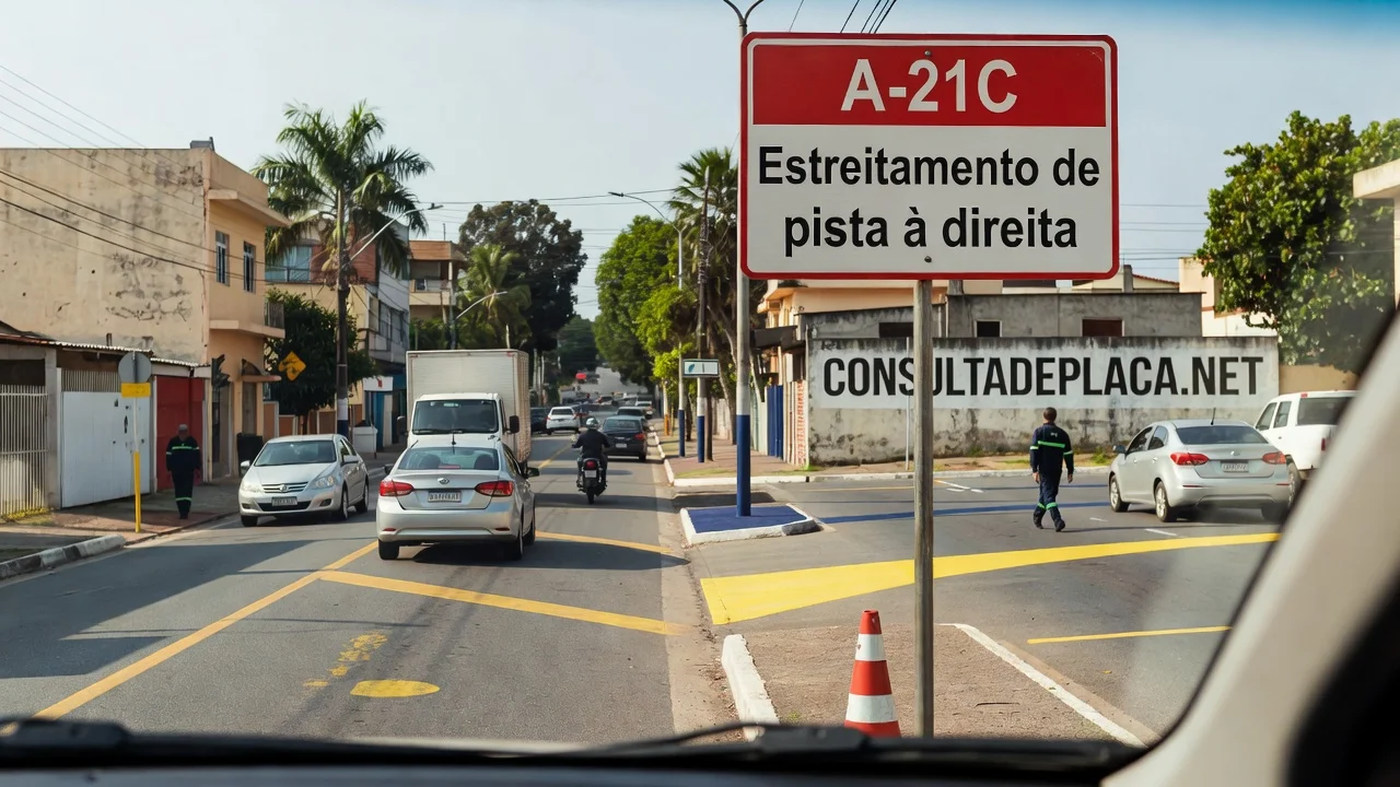 Placa A-21C: estreitamento de pista à direita — quem cede é quem perde a faixa