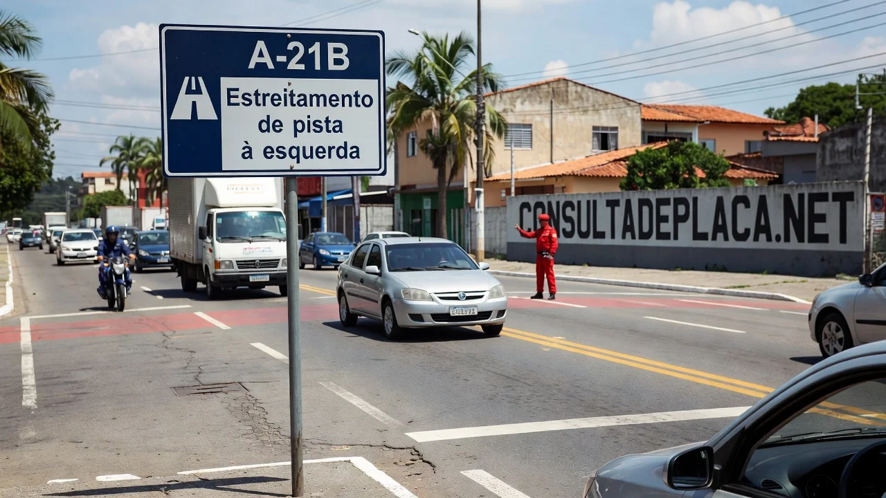 Placa A-21B: estreitamento de pista à esquerda — a largura some de um lado só