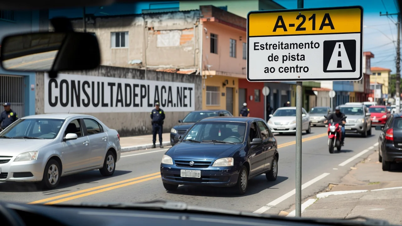 Placa A-21A: estreitamento de pista ao centro — a pista afunila dos dois lados