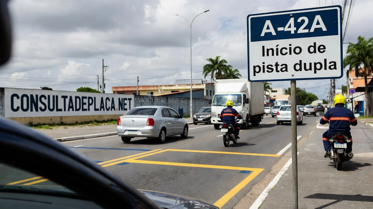 Placa A-42A: início de pista dupla — o ponto em que a velocidade máxima legal muda