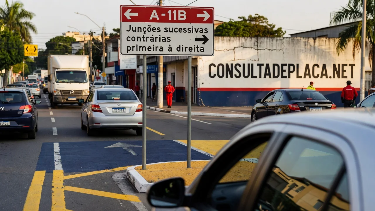 Placa A-11B: junções sucessivas contrárias, primeira à direita — o segundo acesso é o que pega