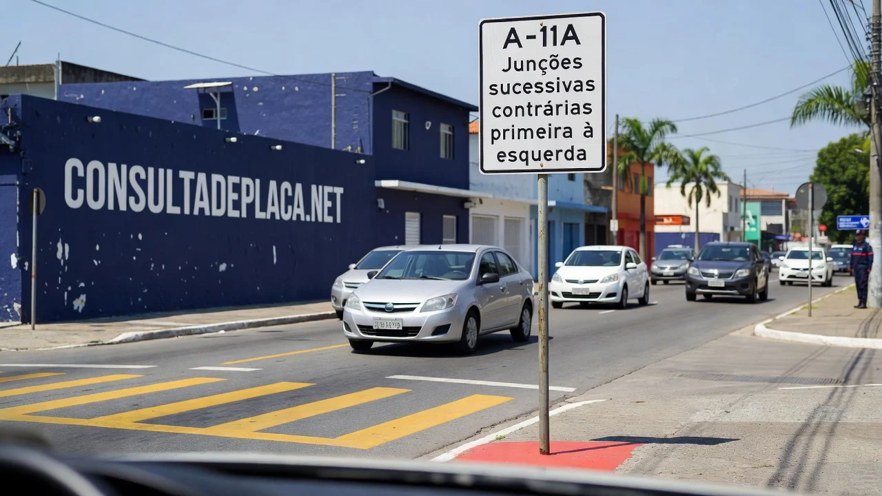 Placa A-11A: junções sucessivas contrárias, primeira à esquerda — dois acessos seguidos, um de cada lado