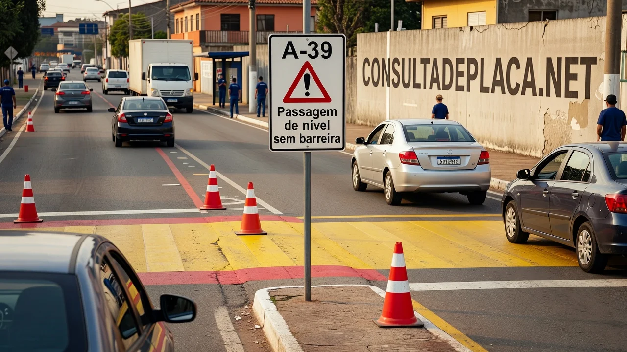 Placa A-39: passagem de nível sem barreira — nada vai descer para impedir você de entrar nos trilhos