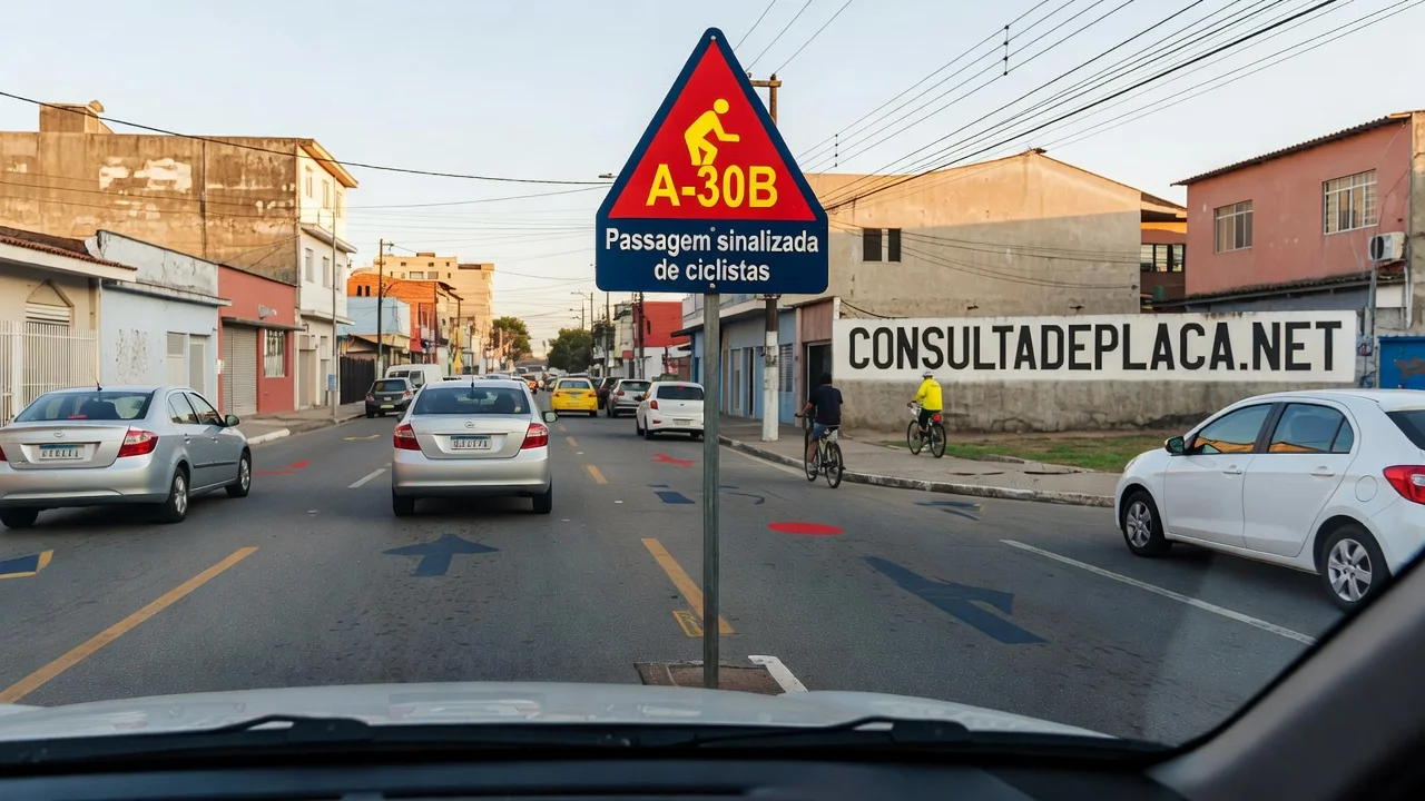 Placa A-30B: passagem sinalizada de ciclistas — o ponto exato onde a bicicleta cruza a sua frente