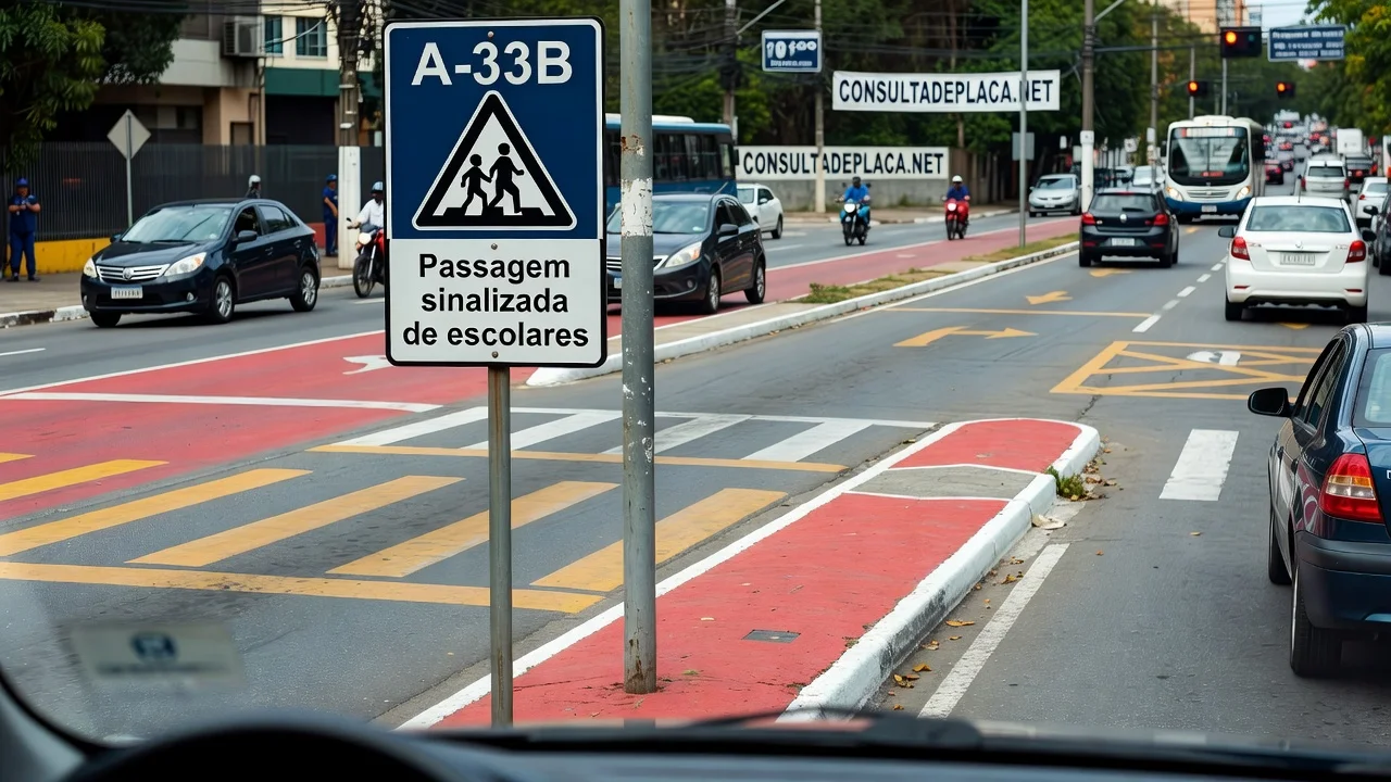 Placa A-33B: passagem sinalizada de escolares — a travessia em que parar não é gentileza