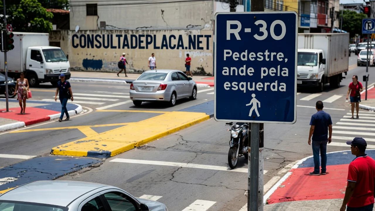 Placa R-30 Pedestre Ande pela Esquerda: andar de frente para os carros esta no art. 68