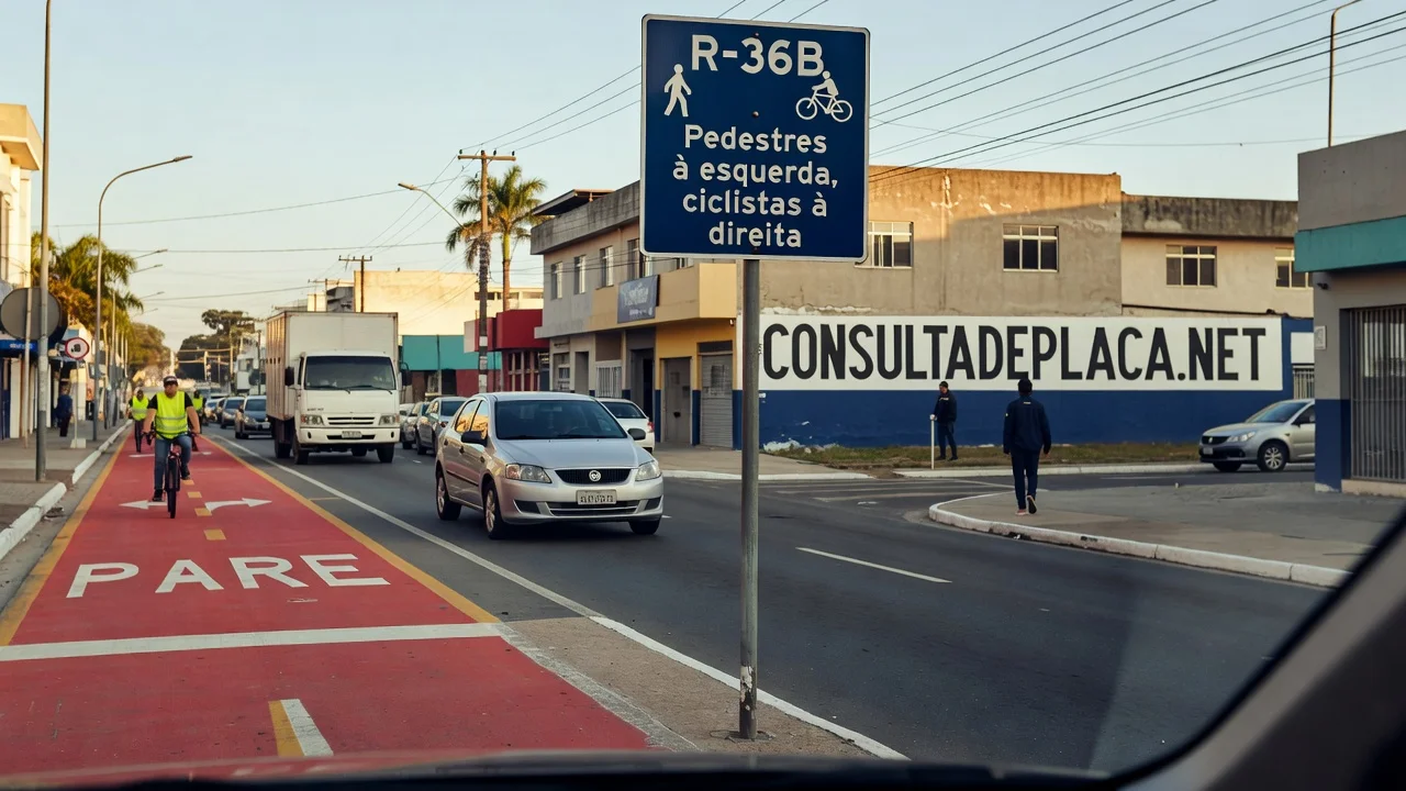 Placa R-36b Pedestres a Esquerda, Ciclistas a Direita: mesma divisao, lados invertidos