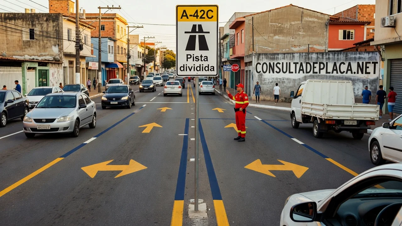 Placa A-42C: pista dividida — o obstáculo no meio da via que você precisa contornar pela direita
