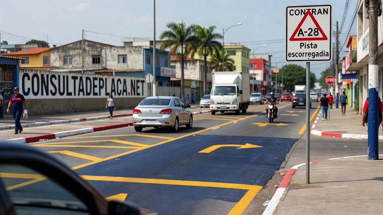 Placa A-28: pista escorregadia — o inciso do CTB que cita o pavimento escorregadio com todas as letras