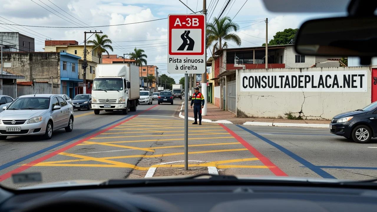 Placa A-3B: pista sinuosa à direita — o aviso vale para todo o trecho, não só a primeira curva