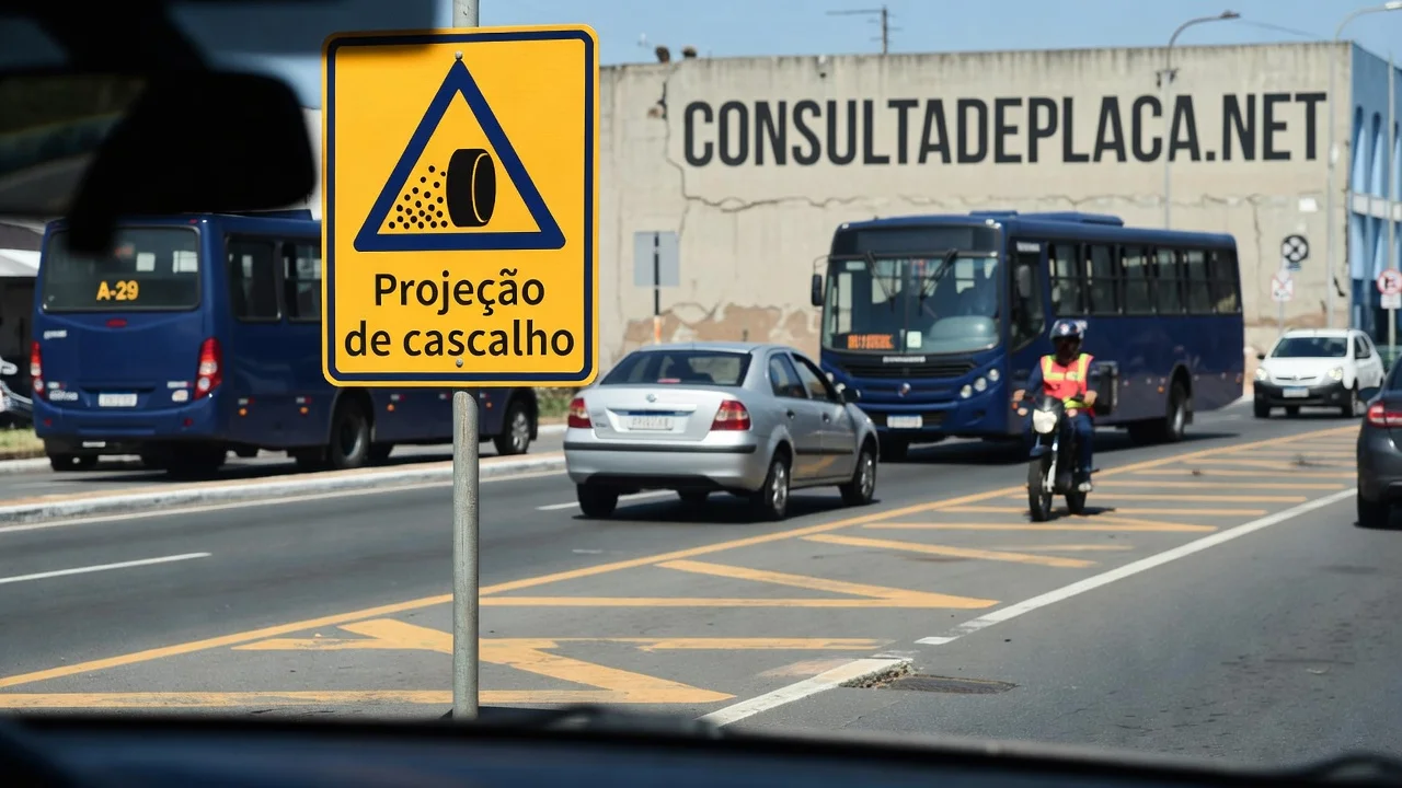 Placa A-29: projeção de cascalho — a pedra que o pneu da frente joga no seu para-brisa