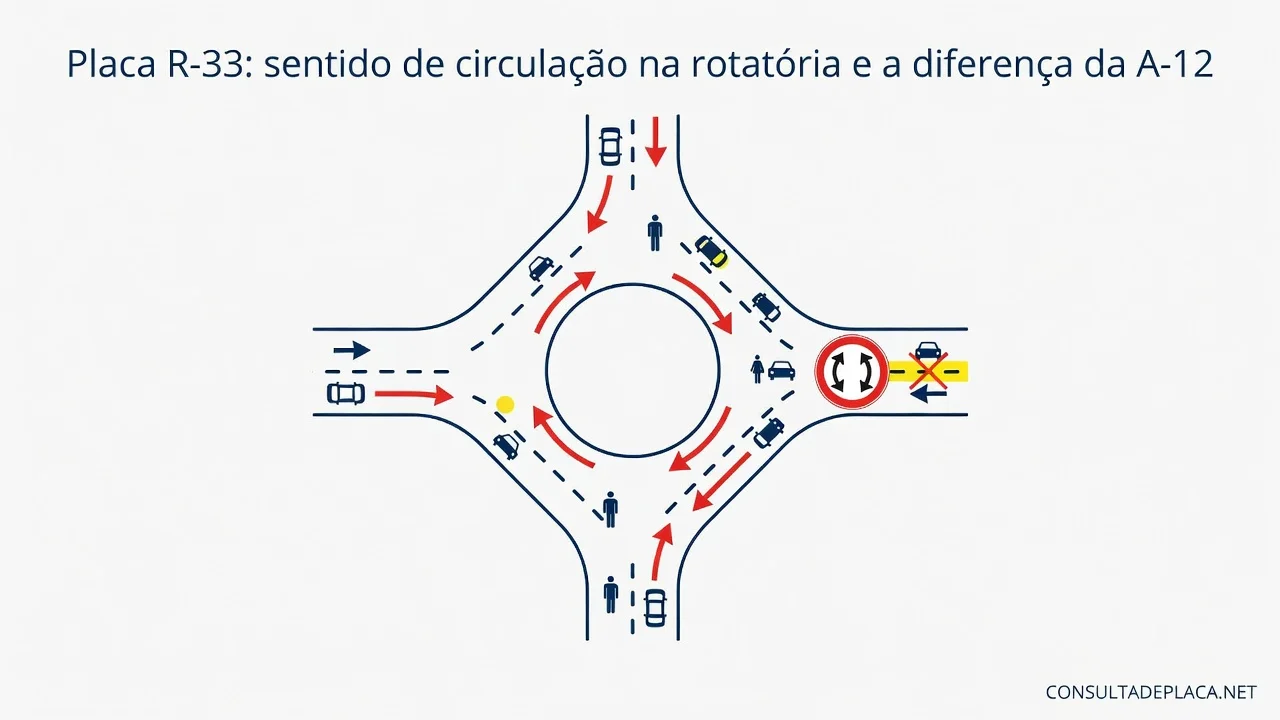 Placa R-33: sentido de circulação na rotatória e a diferença da A-12