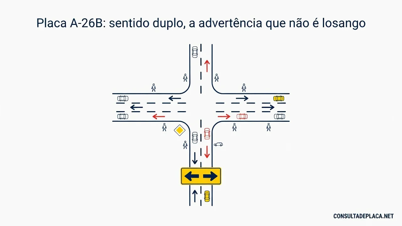 Placa A-26B: sentido duplo, a advertência que não é losango