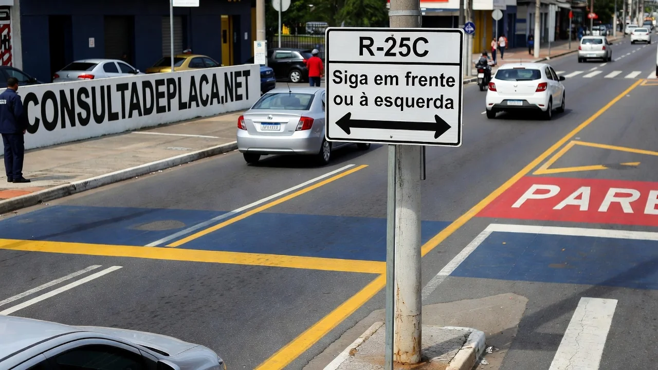 Placa R-25c Siga em Frente ou a Esquerda: a placa que autoriza dois movimentos e barra o terceiro