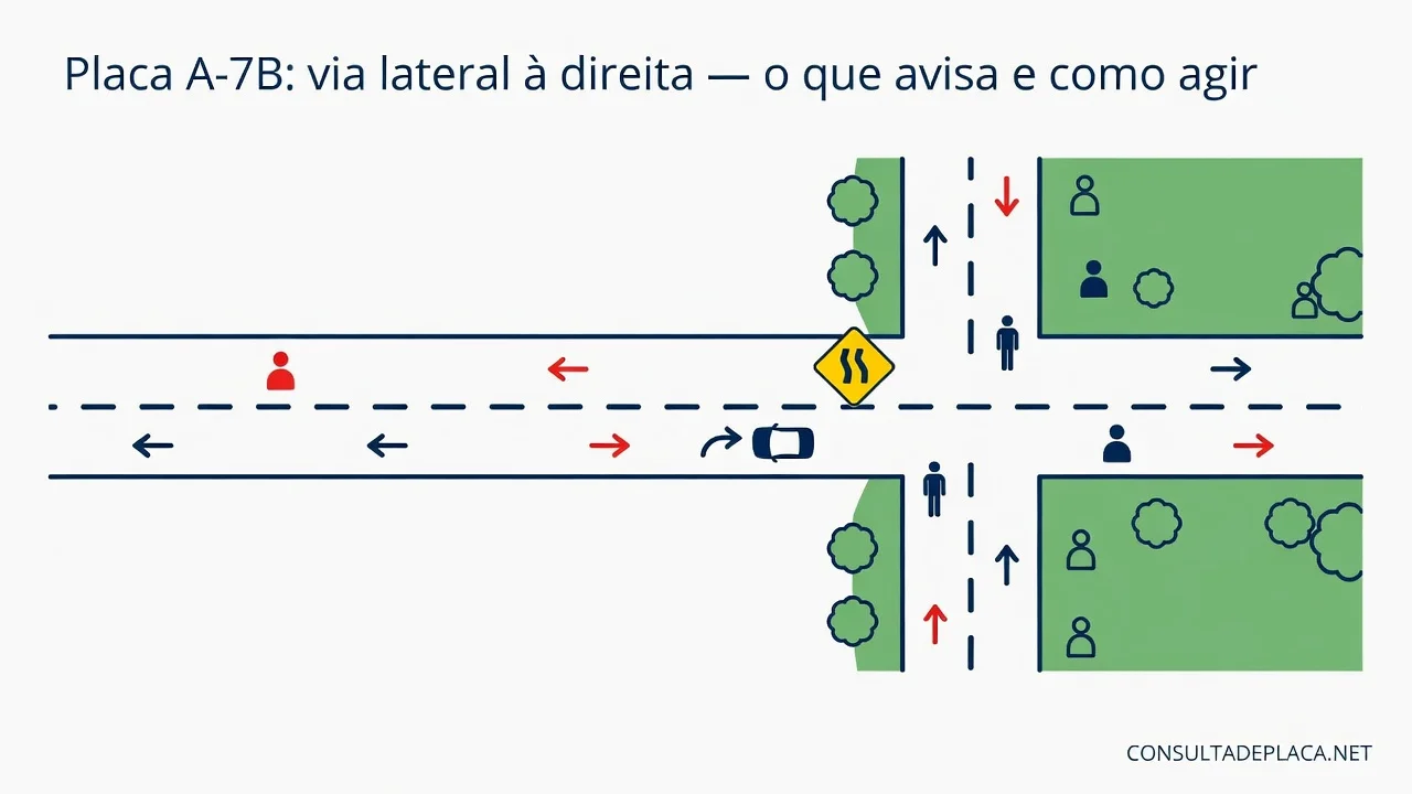 Placa A-7B: via lateral à direita — o que avisa e como agir