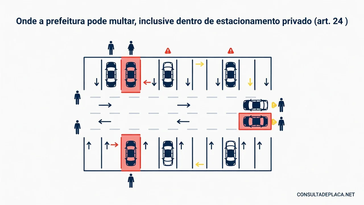 Onde a prefeitura pode multar, inclusive dentro de estacionamento privado (art. 24 do CTB)