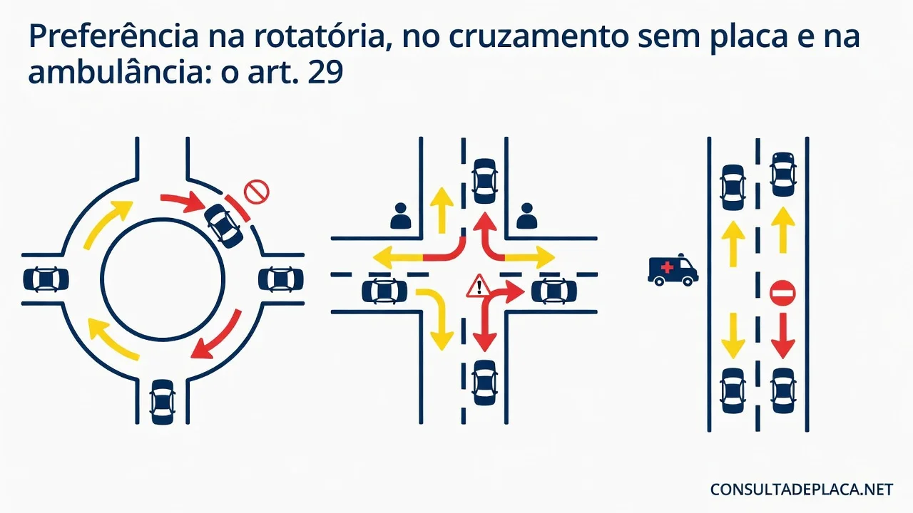 Preferência na rotatória, no cruzamento sem placa e na ambulância: o art. 29 do CTB