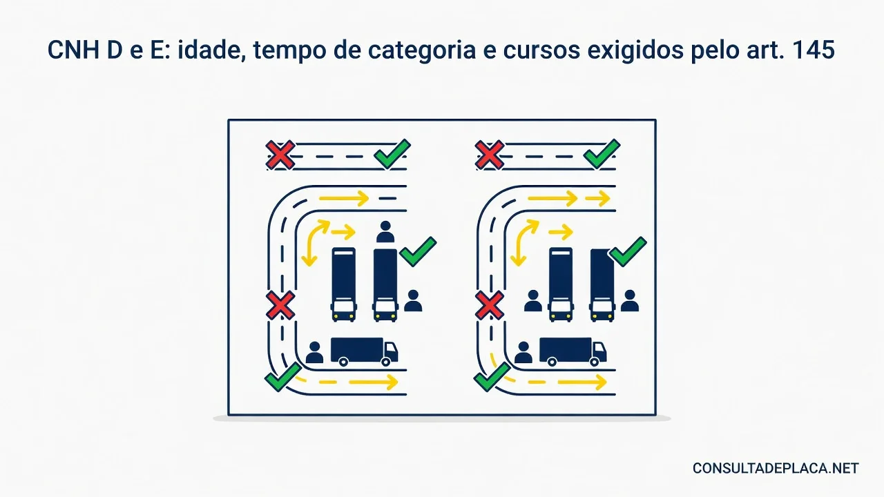 CNH D e E: idade, tempo de categoria e cursos exigidos pelo art. 145 do CTB
