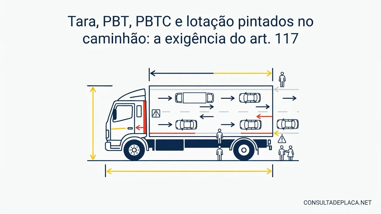 Tara, PBT, PBTC e lotação pintados no caminhão: a exigência do art. 117 do CTB